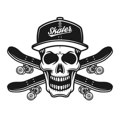 Skater skull in baseball cap and two skateboards