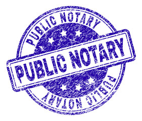 PUBLIC NOTARY stamp seal watermark with grunge texture. Designed with rounded rectangles and circles. Blue vector rubber print of PUBLIC NOTARY tag with grunge texture. - 243772479
