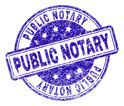 PUBLIC NOTARY stamp seal watermark with grunge texture. Designed with rounded rectangles and circles. Blue vector rubber print of PUBLIC NOTARY tag with grunge texture.