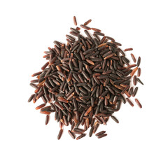 Uncooked black rice on white background, top view