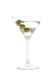 Glass of olive martini on white background