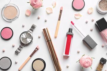 Beautiful composition with lipsticks on white background, flat lay