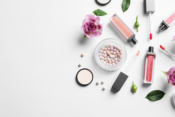 Composition with lipsticks on white background, flat lay. Space for text