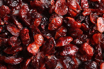 Heap of sweet cranberries, closeup view. Dried fruit as healthy snack