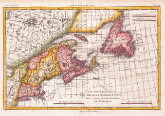 1780, Raynal and Bonne Map of New England and the Maritime Provinces, Rigobert Bonne 1727 – 1794, one of the most important cartographers of the late 18th century