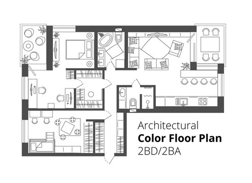 Architectural Color Floor Plan.Two Bedrooms Apartment. Flat architectural plan top view position with divided rooms