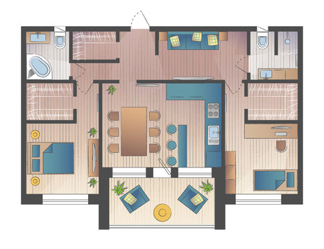 Architectural Color Floor Plan.Two Bedrooms Apartment. Flat architectural plan top view position with divided rooms