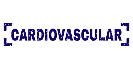 CARDIOVASCULAR title seal print with corroded texture. Text title is placed between corners. Blue vector rubber print of CARDIOVASCULAR with retro texture.