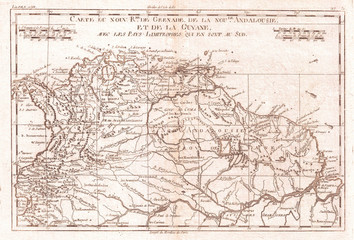 Fototapeta na wymiar 1780, Raynal and Bonne Map of Northern South America, Rigobert Bonne 1727 – 1794, one of the most important cartographers of the late 18th century