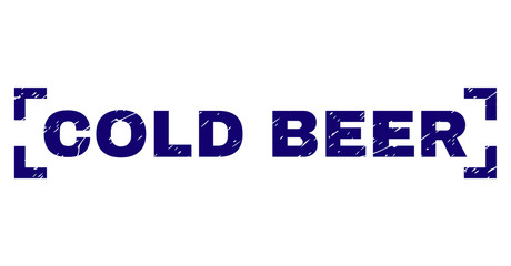COLD BEER text seal print with grunge effect. Text label is placed inside corners. Blue vector rubber print of COLD BEER with grunge texture.