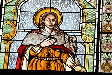 Stained glass windows  in the reformed church in Bistrita .Romania ,Bistrita