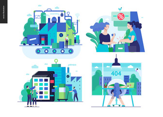 Business series set, color 2-modern flat vector concept illustrated topics - production - manufacture, sale - discount, product catalogue, error 404. Creative landing web page design template