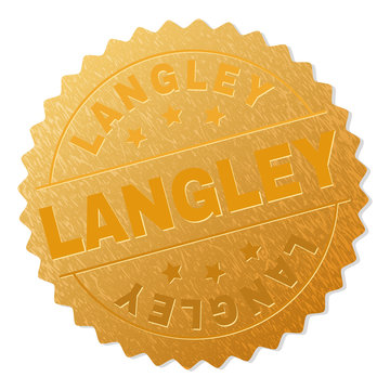 LANGLEY gold stamp award. Vector gold award with LANGLEY text. Text labels are placed between parallel lines and on circle. Golden surface has metallic effect.