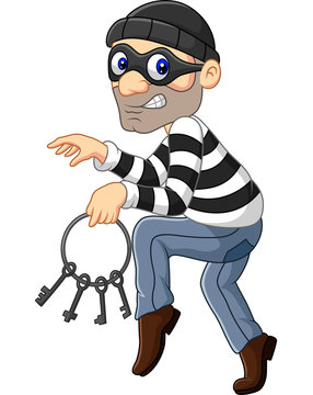 Cartoon thief carrying a bunch of skeleton keys