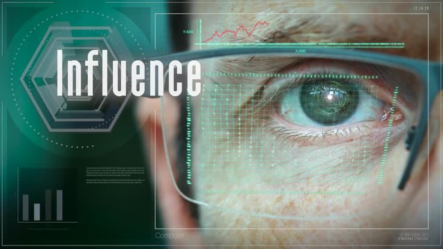 A close up of a businessman eye controlling a futuristic computer system with a Business Influence concept.