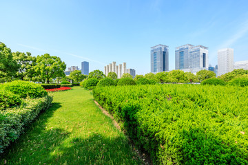 Modern city skyline and green garden in shanghai