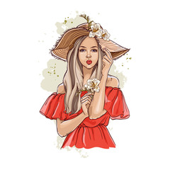 Portrait of fashionable woman in hat with flowers. Beautiful young woman in summer clothes covers her face with a hat. Stylish girl in a hat. Hand drawn sketch. Vector illustration of fashion.