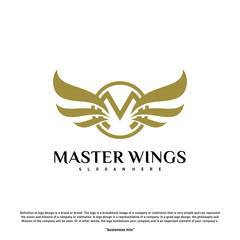 Wings M letter logo. Initial M Wings Logo Template. Golden creative alphabet, air emblem - Vector