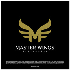 Wings M letter logo. Initial M Wings Logo Template. Golden creative alphabet, air emblem - Vector