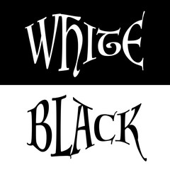 Obraz premium Words Black and White with opposite backgrounds, concept. Words in shape of fish. 