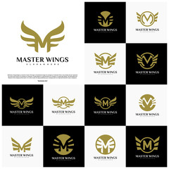 Fototapeta na wymiar Wings M letter logo. Initial M Wings Logo Template. Golden creative alphabet, air emblem - Vector