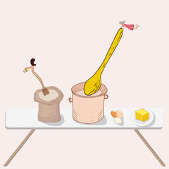 Tiny people food preparation hand drawn illustration. 