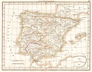 Fototapeta na wymiar 1832, Delamarche Map of Spain and Portugal under the Roman Empire