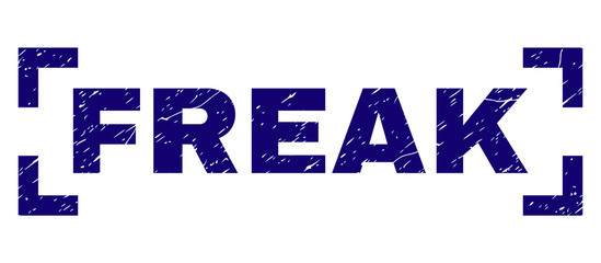 FREAK text seal print with grunge texture. Text caption is placed between corners. Blue vector rubber print of FREAK with dust texture.