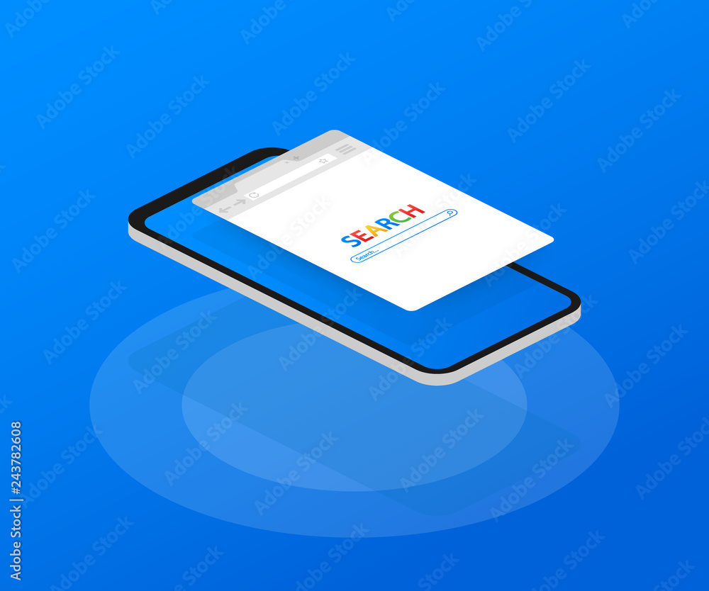 Poster simple browser window on smartphone on blue background. browser search. web browser in flat style. v
