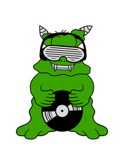 dj party feiern club disko platte auflegen musik vinyl monster groß alien ekelig lustig klein comic cartoon clipart design glibber schleimig hässlich horror halloween