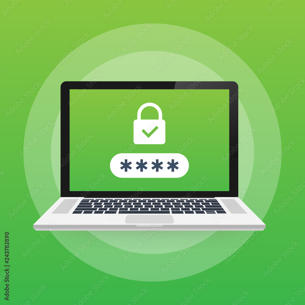Poster computer security concept. laptop with shield and lock on table. flat vector illustration.