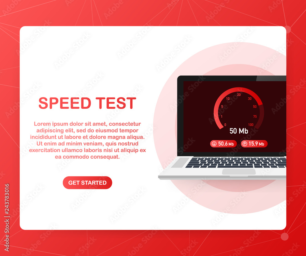 Poster speed test on laptop. speedometer internet speed 50 mb. website speed loading time. vector illustrat