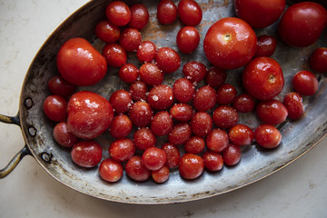 Close up of cherry tomatoes in pan