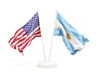 Two waving flags of United States and argentina