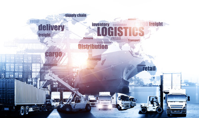 World map with logistic network distribution on background. Logistic and transport concept in front Logistics Industrial Container Cargo freight ship for Concept of fast or instant shipping