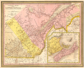 Fototapeta na wymiar 1850, Mitchell Map of Eastern Canada including Quebec