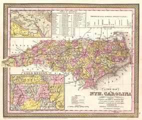 1850, Mitchell Map of North Carolina showing Gold Regions