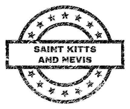SAINT KITTS AND NEVIS stamp seal watermark with distress style. Designed with rectangle, circles and stars. Black vector rubber print of SAINT KITTS AND NEVIS label with unclean texture.