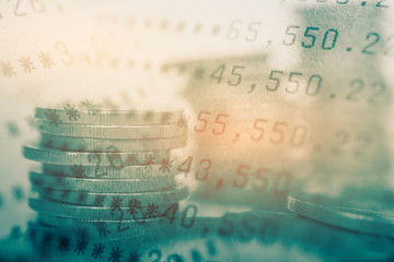 double exposure of coins and bookbank , for business and finance background