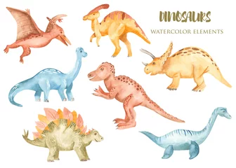 Behang Dinosaurussen Aquarel dinosaurussen prehistorische periode. Illustratie voor de kleuterschool, behang, kaarten, uitnodigingen, kinderachtig design.