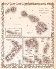 1855, Colton Map of Hawaii and New Zealand