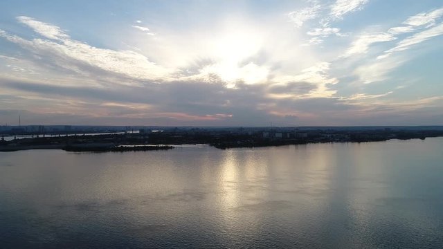 Aerial View of sunset on river Zeya, Russia