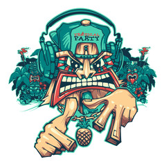 Tiki tropical party. Tiki DJ. Can be used for creating logo, posters, flyers, emblem, prints, web. Hand drawn vector illustration