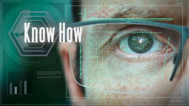 A close up of a businessman eye controlling a futuristic computer system with a Business Know How concept.