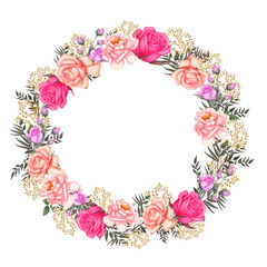 Rose, Leafs,Wedding Watercolor Wreath, Bouquets,Frame Floral,Flowers arrangement decorate,Hand painted,isolated on white background, floral invitations, greeting card, DIY.