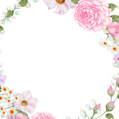 Rose,Cosmos,Wedding Watercolor Wreath, Bouquets,Frame Floral,Flowers arrangement decorate,Hand painted,isolated on white background, floral invitations, greeting card, DIY.