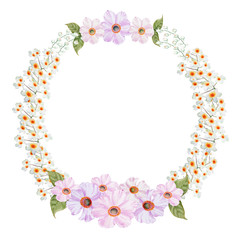 Flowers,Cosmos,Wedding Watercolor Wreath, Bouquets,Frame Floral,Flowers arrangement decorate,Hand painted,isolated on white background, floral invitations, greeting card, DIY.