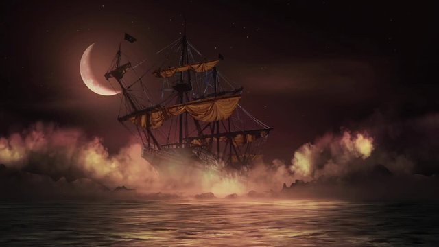 Ghost Ship features a ghostly ship rocking on the water with foggy mist rolling in front with a sliver of a moon behind