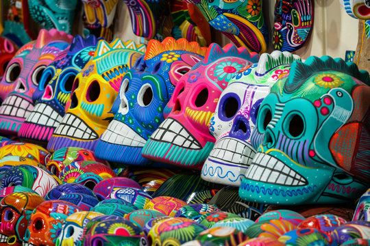 Mexican Skulls on Sale at Street Market in San Miguel de Allende, Mexico, Day of the Dead Concept