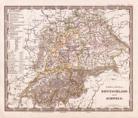 Fototapeta na wymiar 1862, Stieler Map of Southern Germany and Switzerland